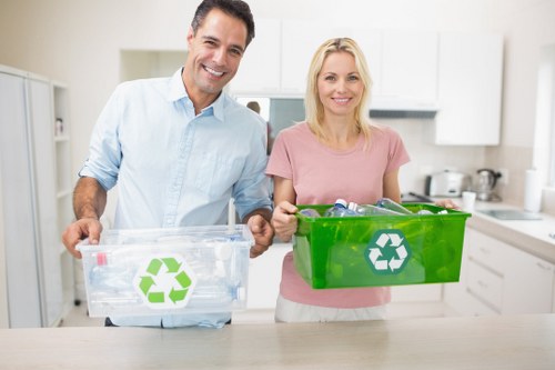 Recycling bins aligned for waste segregation